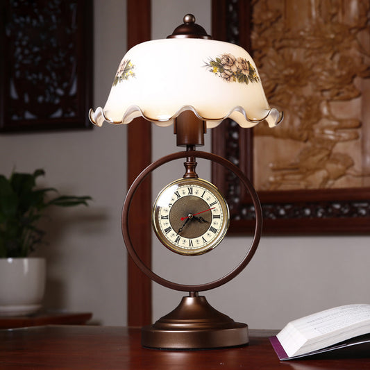 Rust 1 Head Pleated Table Light Vintage Opaline Glass Dome Reading Book Lamp with Ring and Clock Rust Clearhalo 'Lamps' 'Table Lamps' Lighting' 1031652