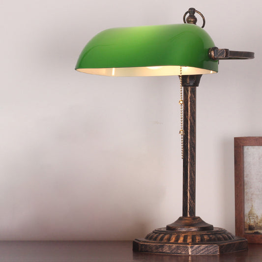 Bronze Rectangle Nightstand Light Traditional Green Glass 1 Bulb Bedroom Reading Book Lamp with Pull Chain Bronze Clearhalo 'Lamps' 'Table Lamps' Lighting' 1031676