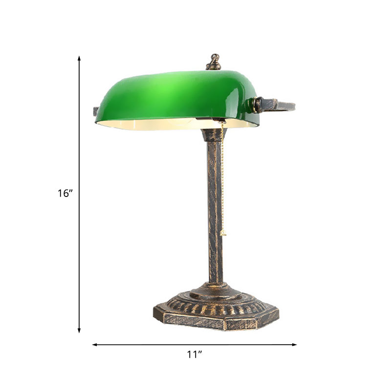 Bronze Rectangle Nightstand Light Traditional Green Glass 1 Bulb Bedroom Reading Book Lamp with Pull Chain Clearhalo 'Lamps' 'Table Lamps' Lighting' 1031679