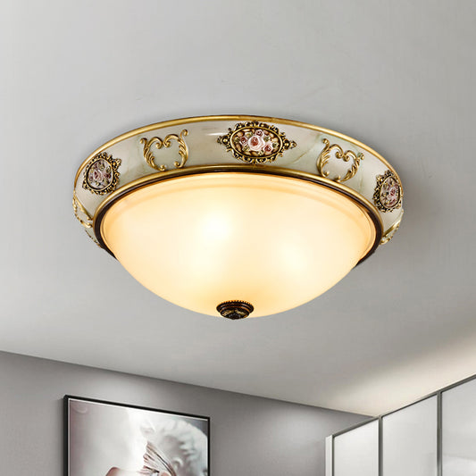 Opal Glass Bowl Flush Mount Fixture Vintage 3 Lights Dining Room Ceiling Lamp in Gold Gold Clearhalo 'Ceiling Lights' 'Close To Ceiling Lights' 'Close to ceiling' 'Flush mount' Lighting' 1031680