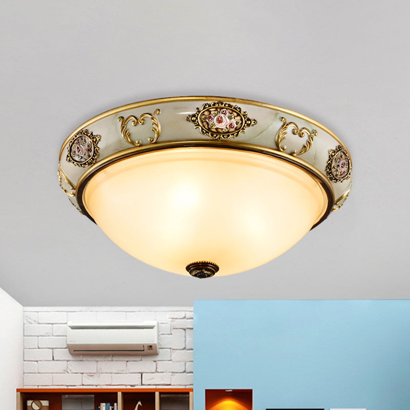 Opal Glass Bowl Flush Mount Fixture Vintage 3 Lights Dining Room Ceiling Lamp in Gold Clearhalo 'Ceiling Lights' 'Close To Ceiling Lights' 'Close to ceiling' 'Flush mount' Lighting' 1031681