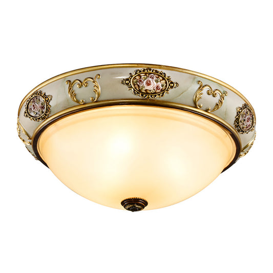 Opal Glass Bowl Flush Mount Fixture Vintage 3 Lights Dining Room Ceiling Lamp in Gold Clearhalo 'Ceiling Lights' 'Close To Ceiling Lights' 'Close to ceiling' 'Flush mount' Lighting' 1031682