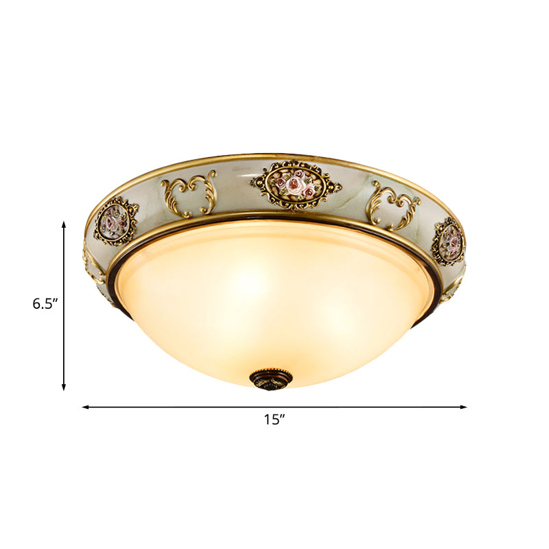 Opal Glass Bowl Flush Mount Fixture Vintage 3 Lights Dining Room Ceiling Lamp in Gold Clearhalo 'Ceiling Lights' 'Close To Ceiling Lights' 'Close to ceiling' 'Flush mount' Lighting' 1031683