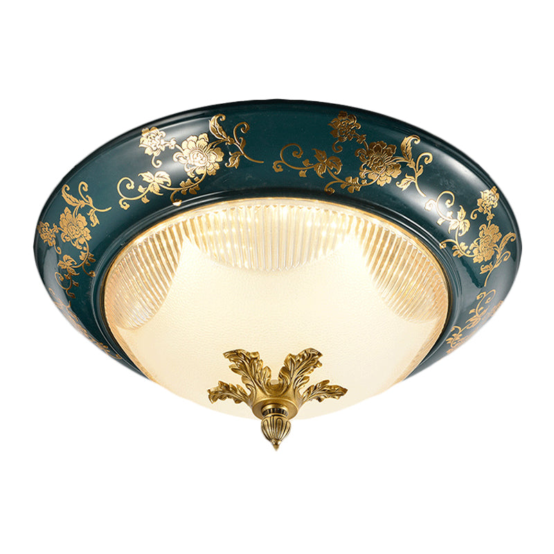 Classic Round Shape Ceiling Fixture 3-Head Ribbed Frosted Glass Flush Mount with Bloom Pattern in Green Clearhalo 'Ceiling Lights' 'Close To Ceiling Lights' 'Close to ceiling' 'Flush mount' Lighting' 1031686