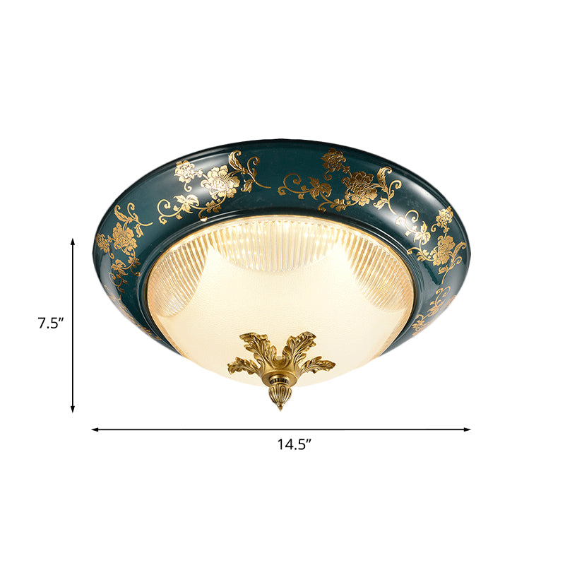 Classic Round Shape Ceiling Fixture 3-Head Ribbed Frosted Glass Flush Mount with Bloom Pattern in Green Clearhalo 'Ceiling Lights' 'Close To Ceiling Lights' 'Close to ceiling' 'Flush mount' Lighting' 1031687