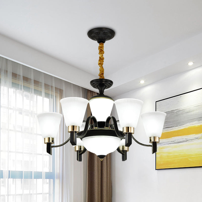 6/8 Heads Conical Chandelier Light Traditional Black Opal Glass Hanging Pendant with Curved Arm Clearhalo 'Ceiling Lights' 'Chandeliers' Lighting' options 1031693