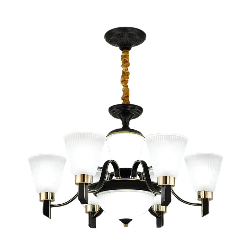 6/8 Heads Conical Chandelier Light Traditional Black Opal Glass Hanging Pendant with Curved Arm Clearhalo 'Ceiling Lights' 'Chandeliers' Lighting' options 1031694