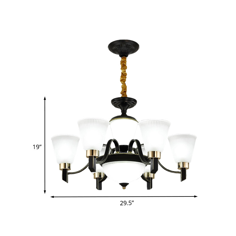 6/8 Heads Conical Chandelier Light Traditional Black Opal Glass Hanging Pendant with Curved Arm Clearhalo 'Ceiling Lights' 'Chandeliers' Lighting' options 1031695