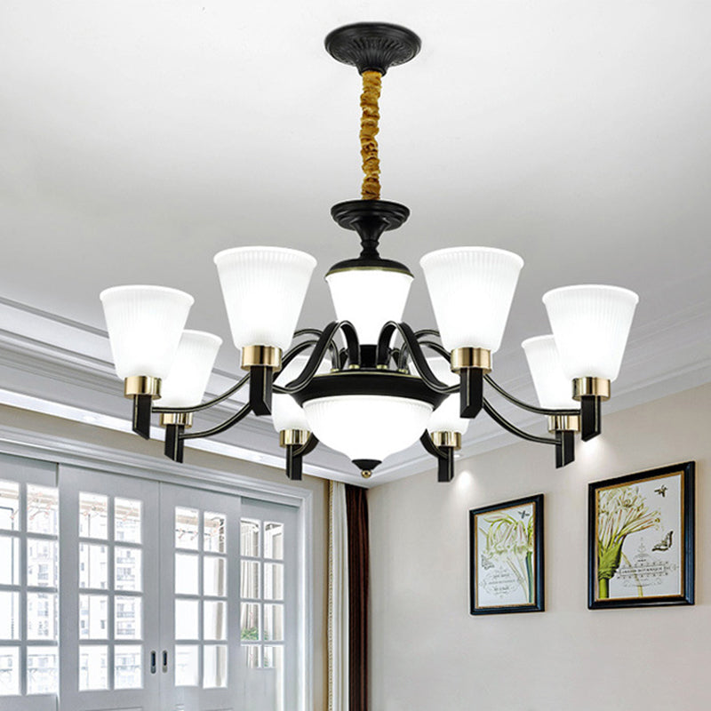 6/8 Heads Conical Chandelier Light Traditional Black Opal Glass Hanging Pendant with Curved Arm 8 Black Clearhalo 'Ceiling Lights' 'Chandeliers' Lighting' options 1031696_e0c3938b-30ef-4ff2-bcec-2f21a55ed185