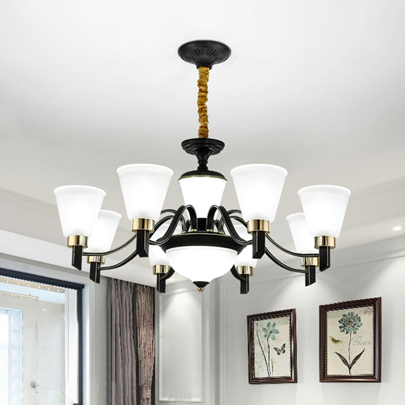 6/8 Heads Conical Chandelier Light Traditional Black Opal Glass Hanging Pendant with Curved Arm Clearhalo 'Ceiling Lights' 'Chandeliers' Lighting' options 1031697