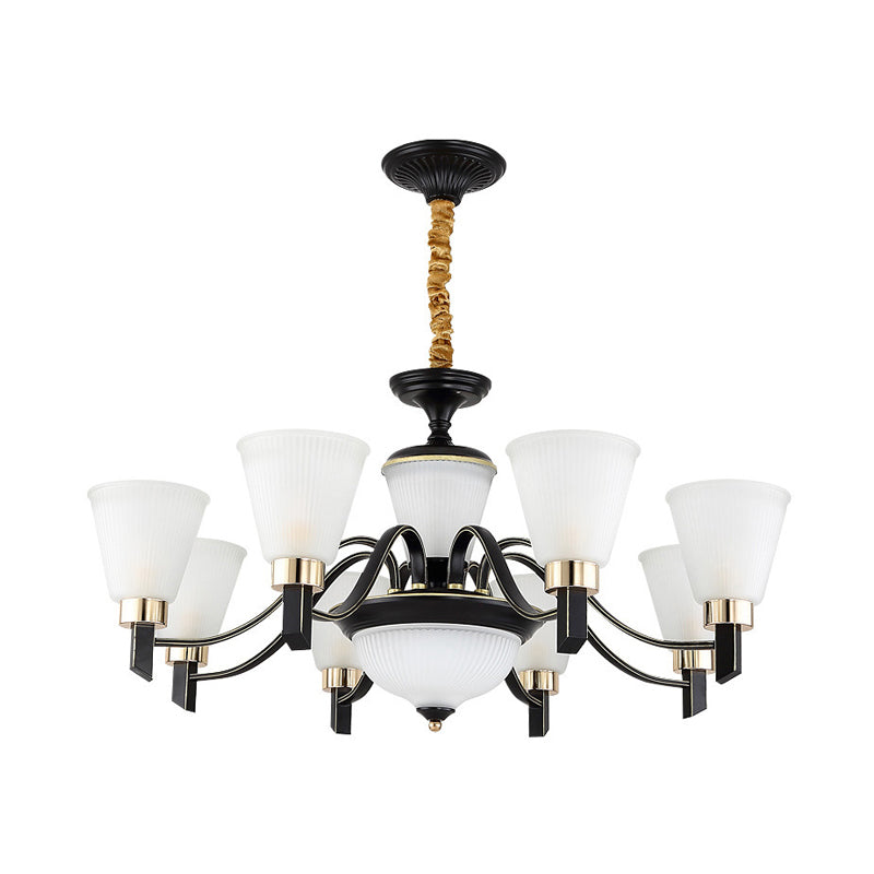 6/8 Heads Conical Chandelier Light Traditional Black Opal Glass Hanging Pendant with Curved Arm Clearhalo 'Ceiling Lights' 'Chandeliers' Lighting' options 1031698