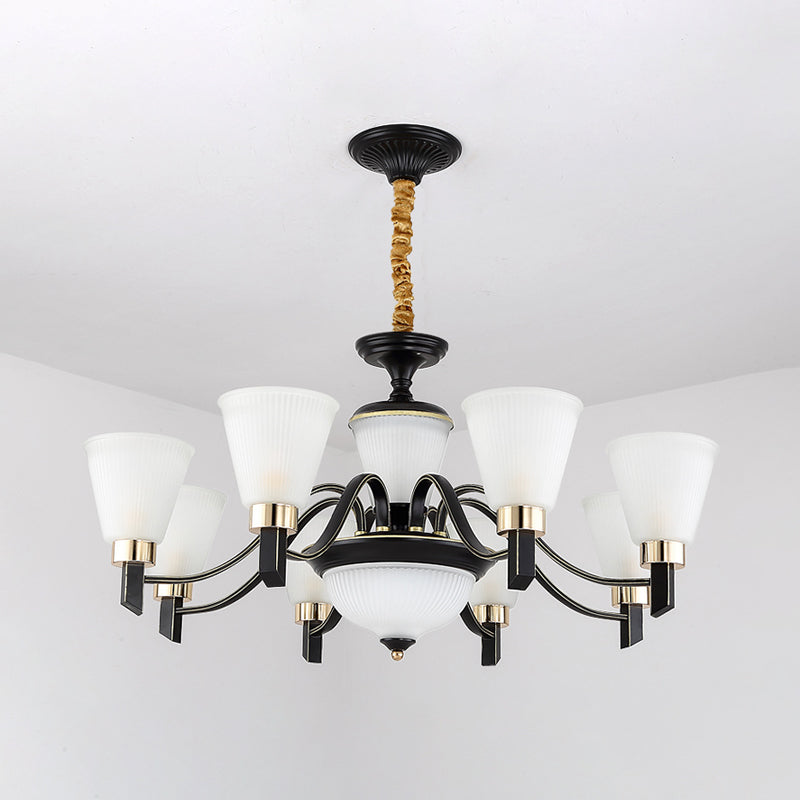 6/8 Heads Conical Chandelier Light Traditional Black Opal Glass Hanging Pendant with Curved Arm Clearhalo 'Ceiling Lights' 'Chandeliers' Lighting' options 1031699