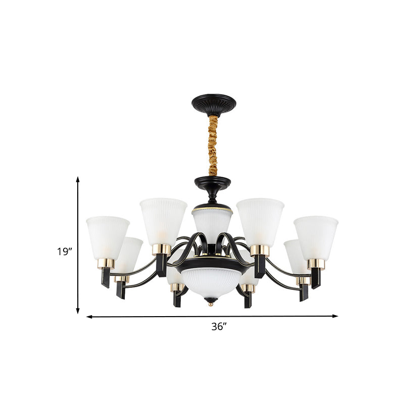 6/8 Heads Conical Chandelier Light Traditional Black Opal Glass Hanging Pendant with Curved Arm Clearhalo 'Ceiling Lights' 'Chandeliers' Lighting' options 1031700