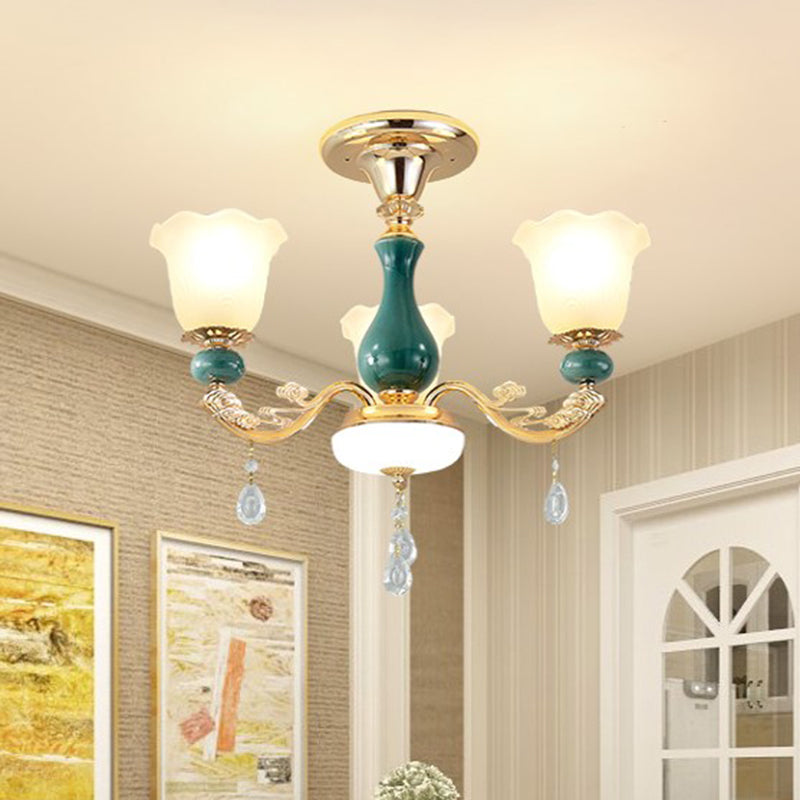 3/6 Bulbs Up Suspension Lamp Classic Flower Opal Glass Pendant Chandelier with Scrolled Arm in Green for Living Room Clearhalo 'Ceiling Lights' 'Chandeliers' Lighting' options 1031701