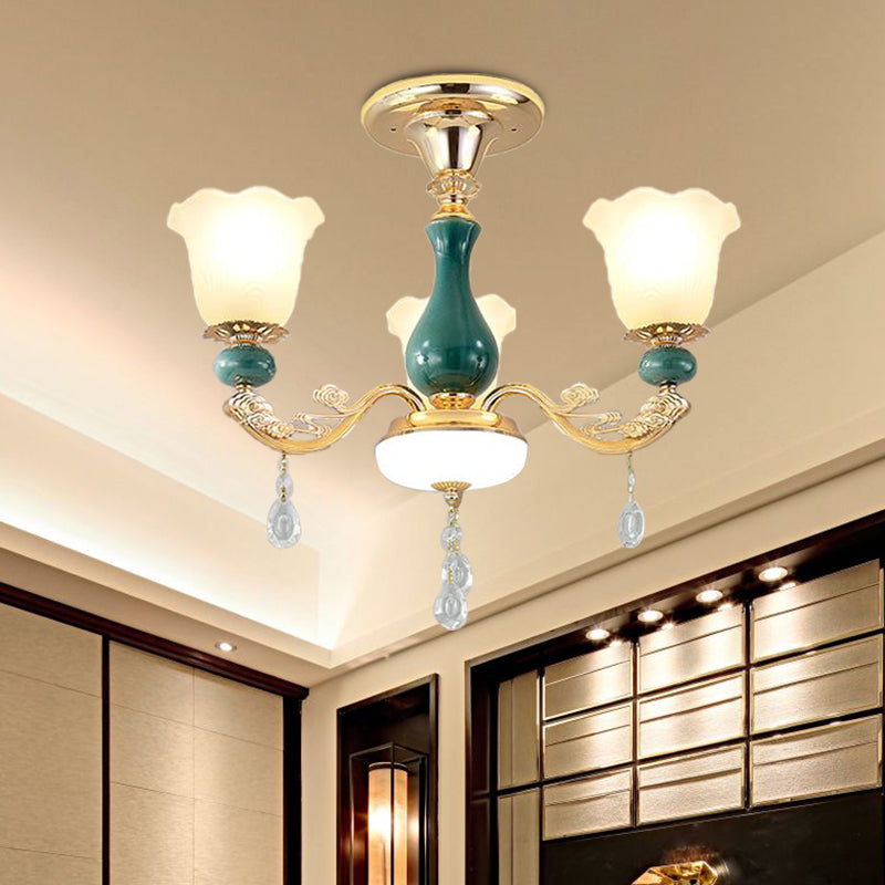 3/6 Bulbs Up Suspension Lamp Classic Flower Opal Glass Pendant Chandelier with Scrolled Arm in Green for Living Room Clearhalo 'Ceiling Lights' 'Chandeliers' Lighting' options 1031702