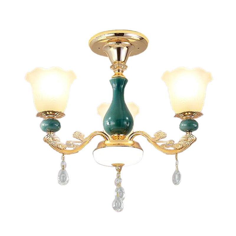 3/6 Bulbs Up Suspension Lamp Classic Flower Opal Glass Pendant Chandelier with Scrolled Arm in Green for Living Room Clearhalo 'Ceiling Lights' 'Chandeliers' Lighting' options 1031703