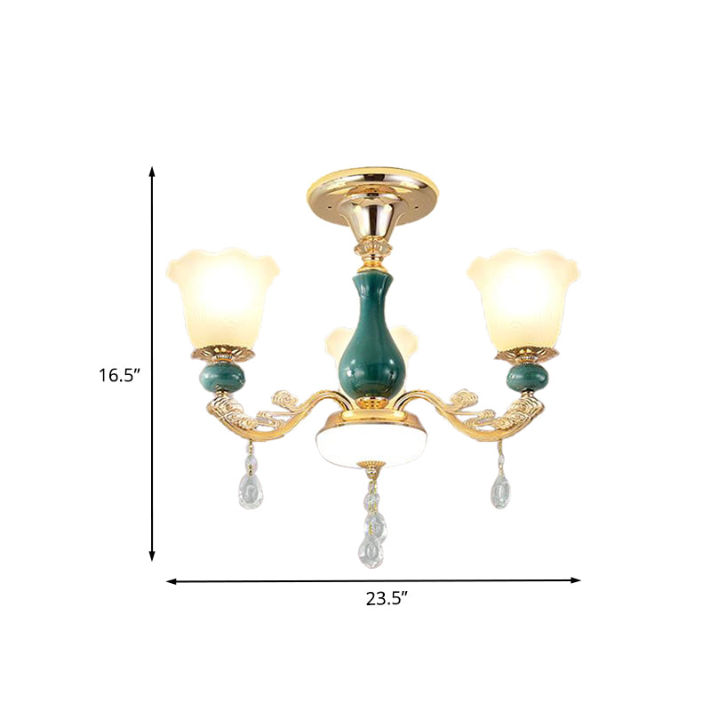 3/6 Bulbs Up Suspension Lamp Classic Flower Opal Glass Pendant Chandelier with Scrolled Arm in Green for Living Room Clearhalo 'Ceiling Lights' 'Chandeliers' Lighting' options 1031704