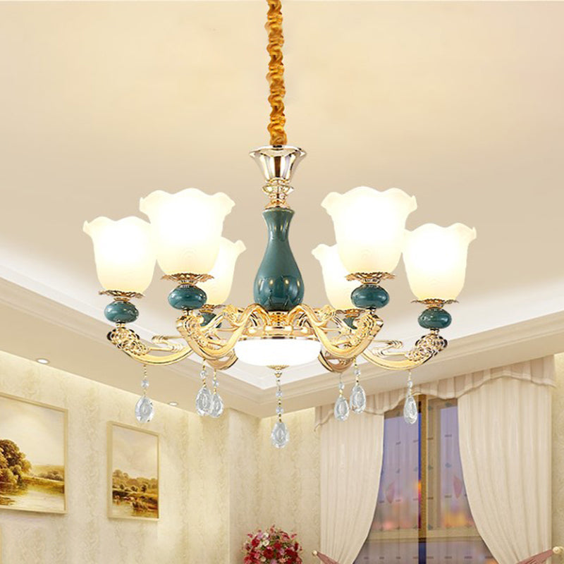 3/6 Bulbs Up Suspension Lamp Classic Flower Opal Glass Pendant Chandelier with Scrolled Arm in Green for Living Room Clearhalo 'Ceiling Lights' 'Chandeliers' Lighting' options 1031705