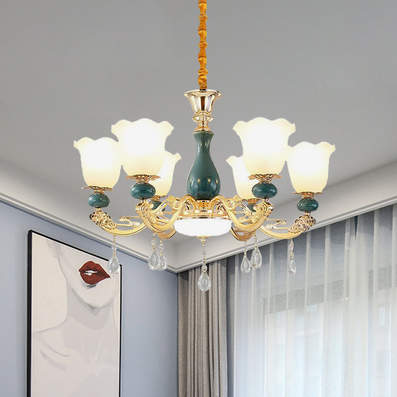 3/6 Bulbs Up Suspension Lamp Classic Flower Opal Glass Pendant Chandelier with Scrolled Arm in Green for Living Room Clearhalo 'Ceiling Lights' 'Chandeliers' Lighting' options 1031706