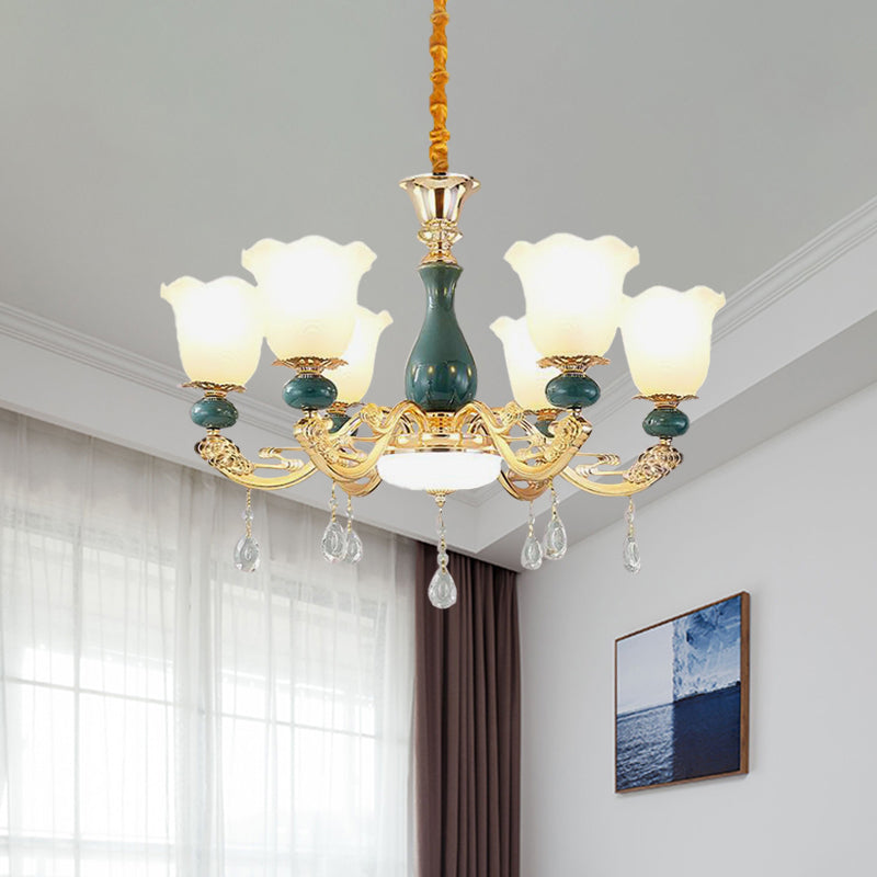 3/6 Bulbs Up Suspension Lamp Classic Flower Opal Glass Pendant Chandelier with Scrolled Arm in Green for Living Room Clearhalo 'Ceiling Lights' 'Chandeliers' Lighting' options 1031707