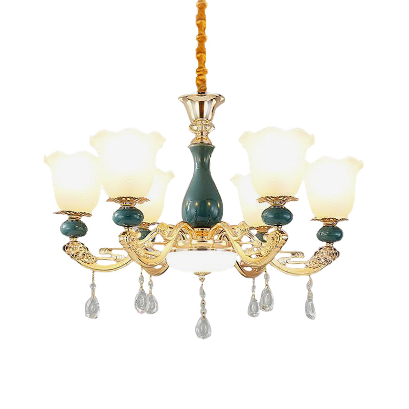 3/6 Bulbs Up Suspension Lamp Classic Flower Opal Glass Pendant Chandelier with Scrolled Arm in Green for Living Room Clearhalo 'Ceiling Lights' 'Chandeliers' Lighting' options 1031708