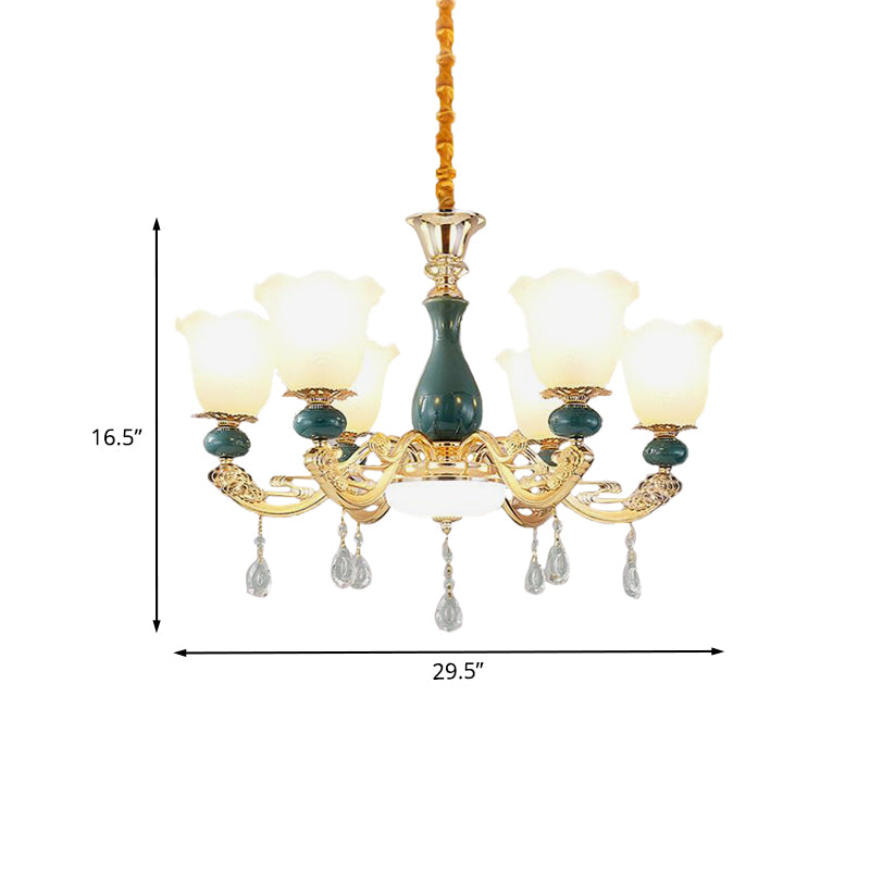 3/6 Bulbs Up Suspension Lamp Classic Flower Opal Glass Pendant Chandelier with Scrolled Arm in Green for Living Room Clearhalo 'Ceiling Lights' 'Chandeliers' Lighting' options 1031709