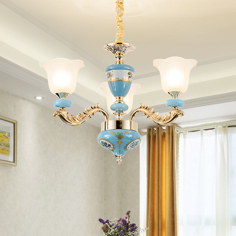 3/6-Head Opaline Glass Ceiling Chandelier Vintage Blue Floral Shape Dining Room Pendant Light Fixture with Curving Arm Clearhalo 'Ceiling Lights' 'Chandeliers' Lighting' options 1031710