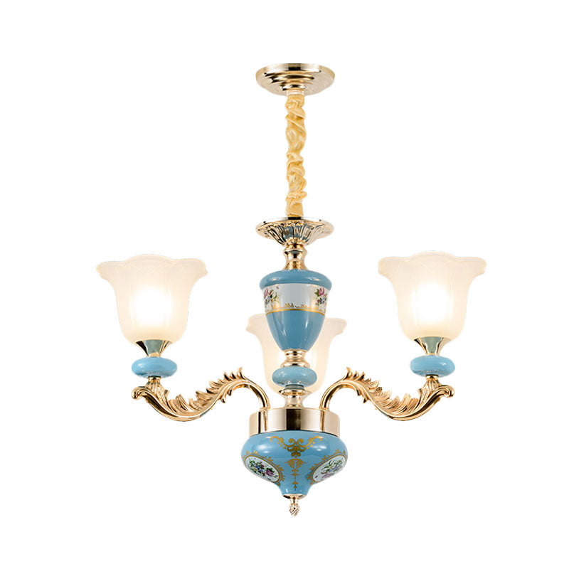 3/6-Head Opaline Glass Ceiling Chandelier Vintage Blue Floral Shape Dining Room Pendant Light Fixture with Curving Arm Clearhalo 'Ceiling Lights' 'Chandeliers' Lighting' options 1031711