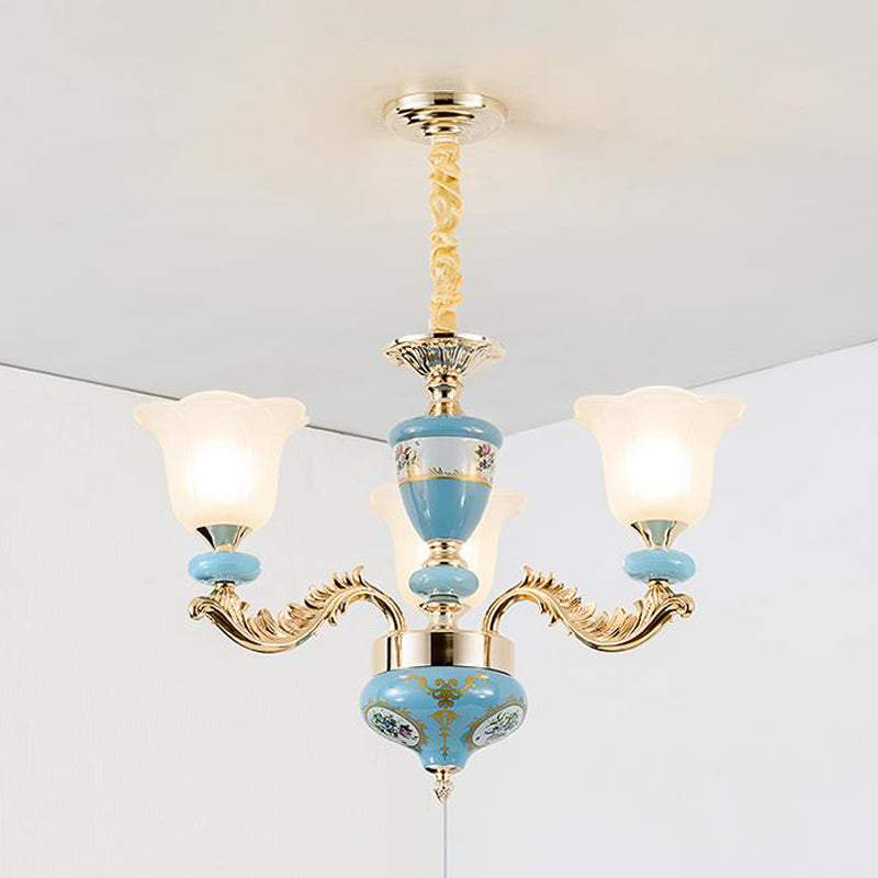 3/6-Head Opaline Glass Ceiling Chandelier Vintage Blue Floral Shape Dining Room Pendant Light Fixture with Curving Arm Clearhalo 'Ceiling Lights' 'Chandeliers' Lighting' options 1031712