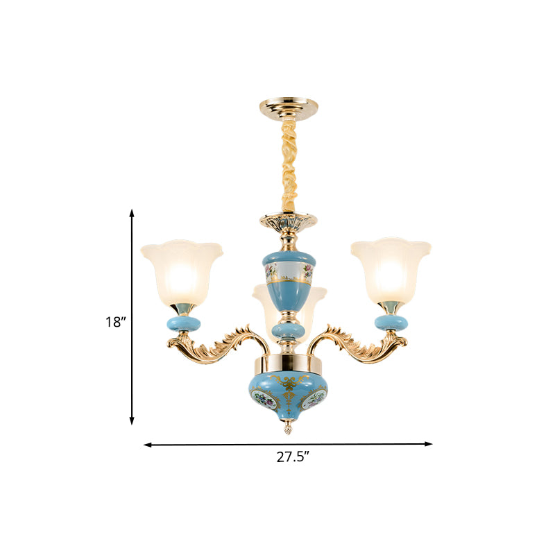 3/6-Head Opaline Glass Ceiling Chandelier Vintage Blue Floral Shape Dining Room Pendant Light Fixture with Curving Arm Clearhalo 'Ceiling Lights' 'Chandeliers' Lighting' options 1031713