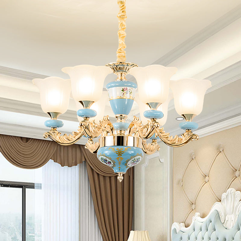 3/6-Head Opaline Glass Ceiling Chandelier Vintage Blue Floral Shape Dining Room Pendant Light Fixture with Curving Arm Clearhalo 'Ceiling Lights' 'Chandeliers' Lighting' options 1031714