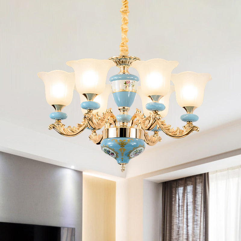 3/6-Head Opaline Glass Ceiling Chandelier Vintage Blue Floral Shape Dining Room Pendant Light Fixture with Curving Arm Clearhalo 'Ceiling Lights' 'Chandeliers' Lighting' options 1031715