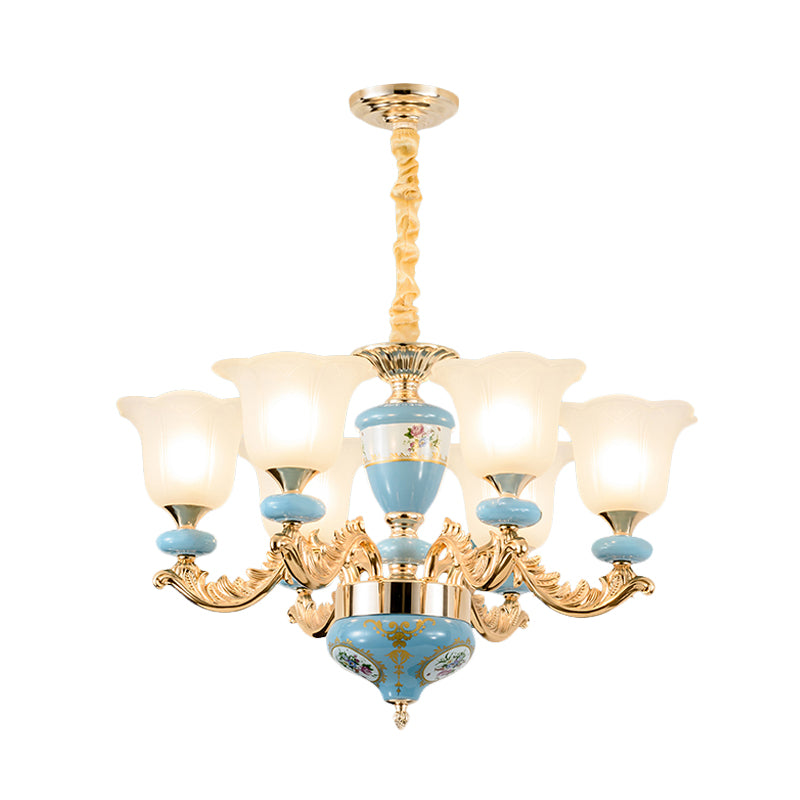 3/6-Head Opaline Glass Ceiling Chandelier Vintage Blue Floral Shape Dining Room Pendant Light Fixture with Curving Arm Clearhalo 'Ceiling Lights' 'Chandeliers' Lighting' options 1031716