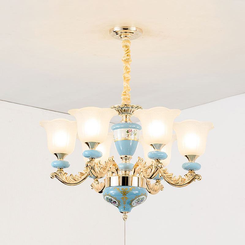 3/6-Head Opaline Glass Ceiling Chandelier Vintage Blue Floral Shape Dining Room Pendant Light Fixture with Curving Arm Clearhalo 'Ceiling Lights' 'Chandeliers' Lighting' options 1031717