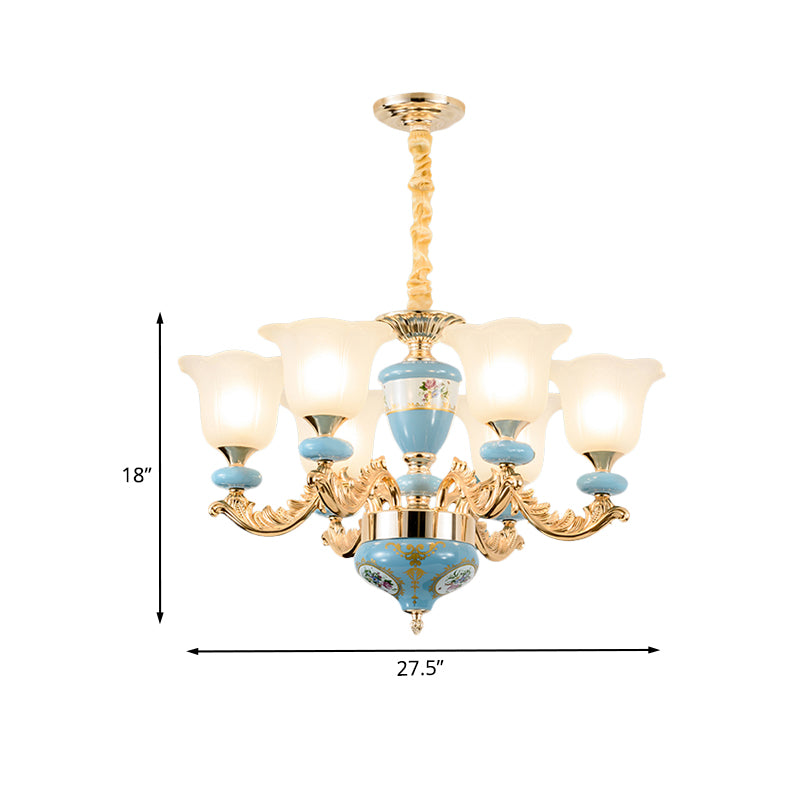 3/6-Head Opaline Glass Ceiling Chandelier Vintage Blue Floral Shape Dining Room Pendant Light Fixture with Curving Arm Clearhalo 'Ceiling Lights' 'Chandeliers' Lighting' options 1031718