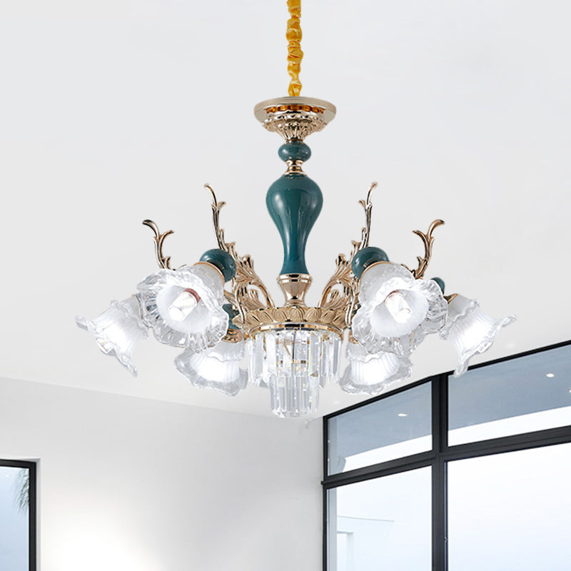 Bloom Opal-White Glass Down Hanging Chandelier Classic 6 Heads Living Room Pendant Ceiling Light in Green Clearhalo 'Ceiling Lights' 'Chandeliers' Lighting' options 1031723