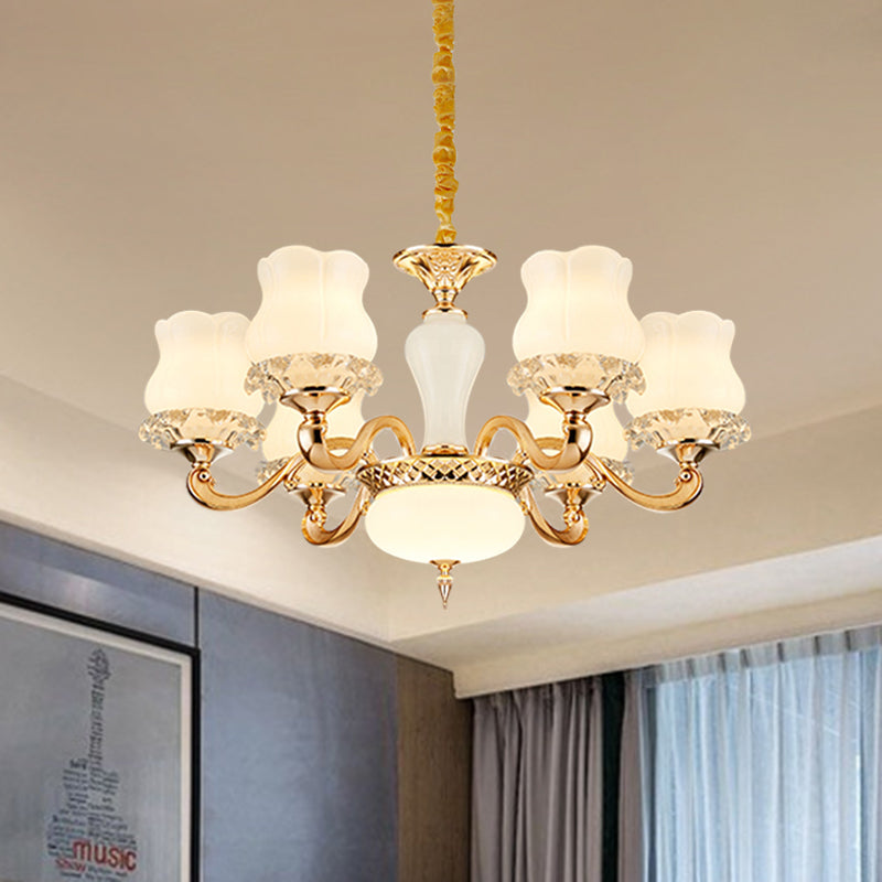 Vintage Flower Suspension Lamp 6/8 Lights Milky Glass Chandelier Lighting with Swooping Arm in Gold for Bedroom 6 Gold Clearhalo 'Ceiling Lights' 'Chandeliers' Lighting' options 1031727_9c654b34-3664-4d16-ad44-352eead4542b