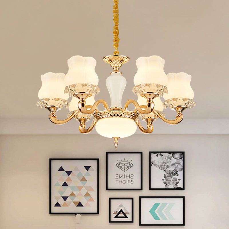 Vintage Flower Suspension Lamp 6/8 Lights Milky Glass Chandelier Lighting with Swooping Arm in Gold for Bedroom Clearhalo 'Ceiling Lights' 'Chandeliers' Lighting' options 1031728