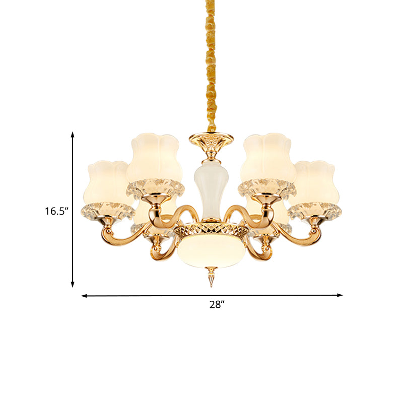 Vintage Flower Suspension Lamp 6/8 Lights Milky Glass Chandelier Lighting with Swooping Arm in Gold for Bedroom Clearhalo 'Ceiling Lights' 'Chandeliers' Lighting' options 1031730