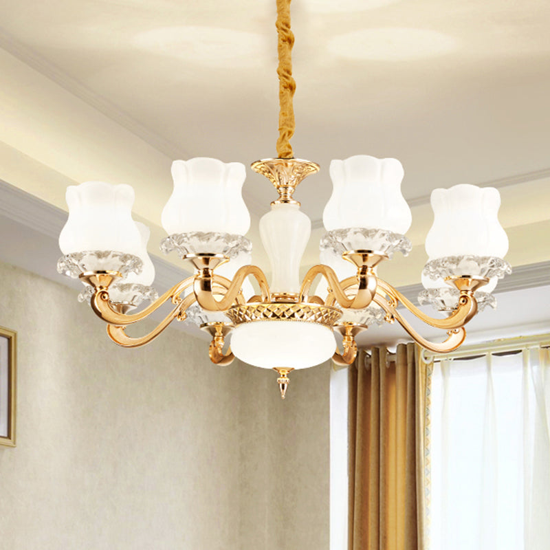 Vintage Flower Suspension Lamp 6/8 Lights Milky Glass Chandelier Lighting with Swooping Arm in Gold for Bedroom 8 Gold Clearhalo 'Ceiling Lights' 'Chandeliers' Lighting' options 1031731_63eac47c-813b-4557-ad5b-e08cdb8f3783