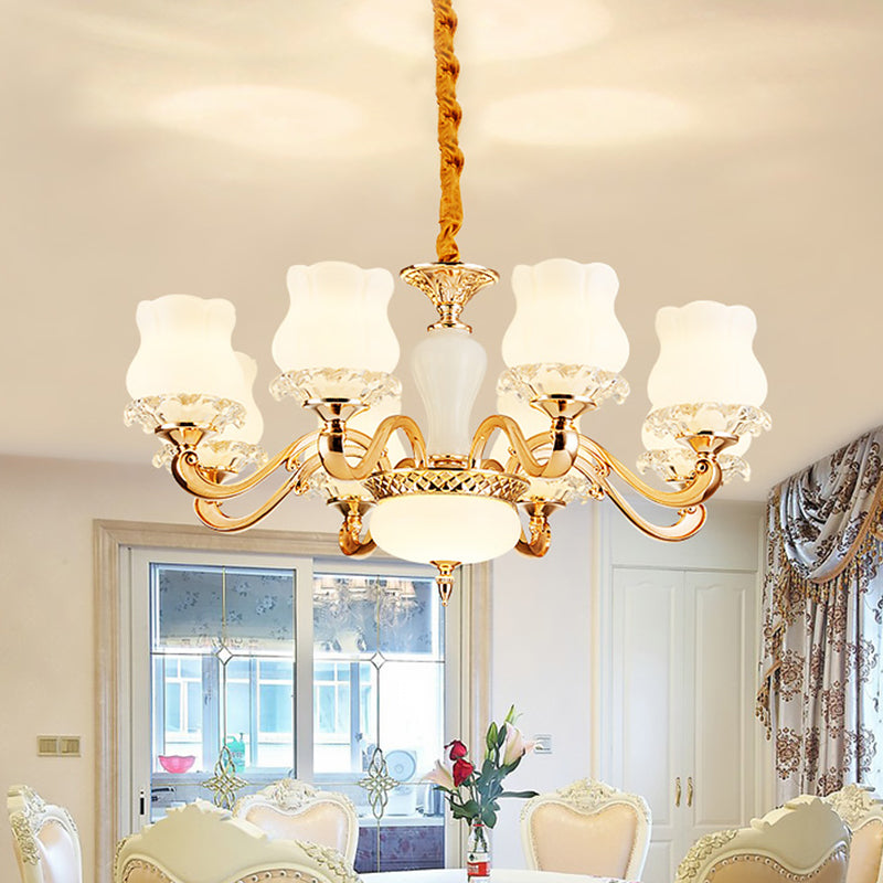 Vintage Flower Suspension Lamp 6/8 Lights Milky Glass Chandelier Lighting with Swooping Arm in Gold for Bedroom Clearhalo 'Ceiling Lights' 'Chandeliers' Lighting' options 1031732