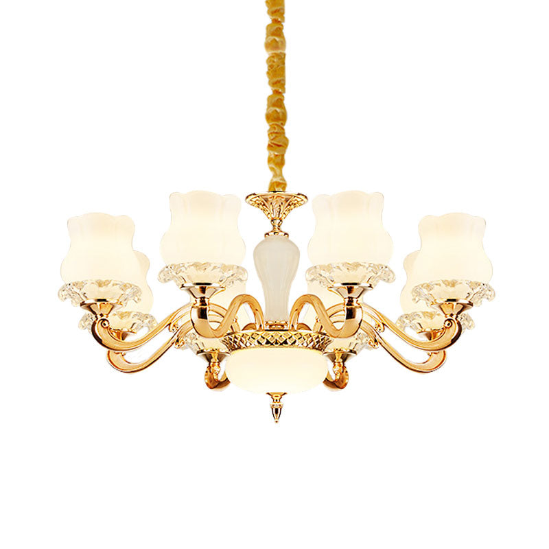 Vintage Flower Suspension Lamp 6/8 Lights Milky Glass Chandelier Lighting with Swooping Arm in Gold for Bedroom Clearhalo 'Ceiling Lights' 'Chandeliers' Lighting' options 1031733