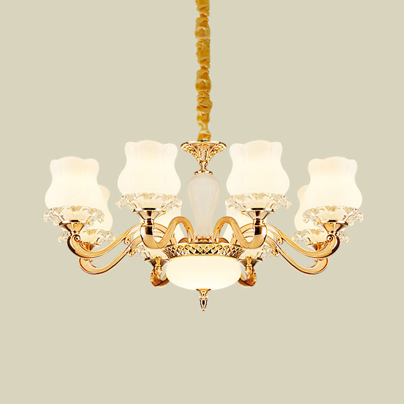 Vintage Flower Suspension Lamp 6/8 Lights Milky Glass Chandelier Lighting with Swooping Arm in Gold for Bedroom Clearhalo 'Ceiling Lights' 'Chandeliers' Lighting' options 1031734