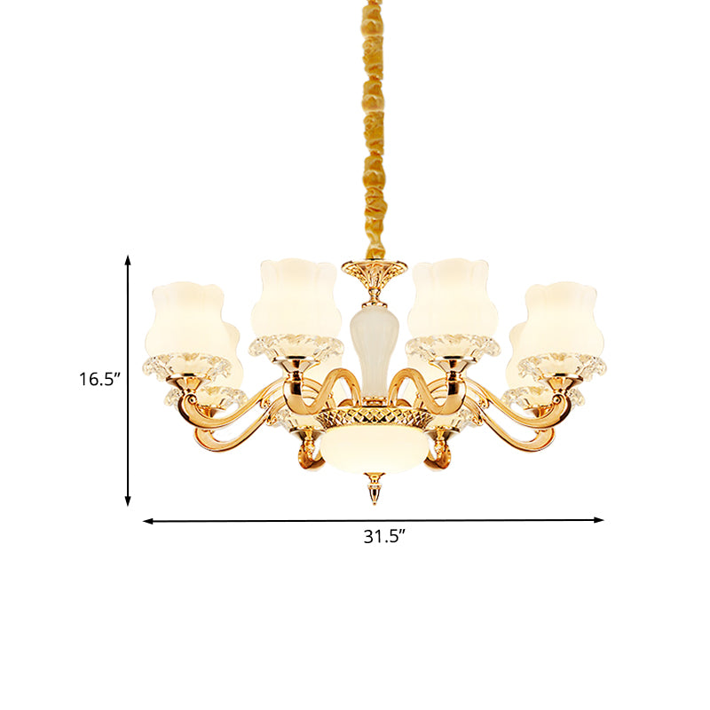 Vintage Flower Suspension Lamp 6/8 Lights Milky Glass Chandelier Lighting with Swooping Arm in Gold for Bedroom Clearhalo 'Ceiling Lights' 'Chandeliers' Lighting' options 1031735