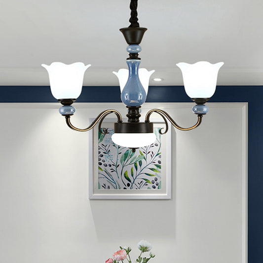 Blue Floral Shape Hanging Chandelier Countryside Milk Glass 3 Bulbs Dining Room Pendant Light Kit with Swirled Arm Clearhalo 'Ceiling Lights' 'Chandeliers' Lighting' options 1031736