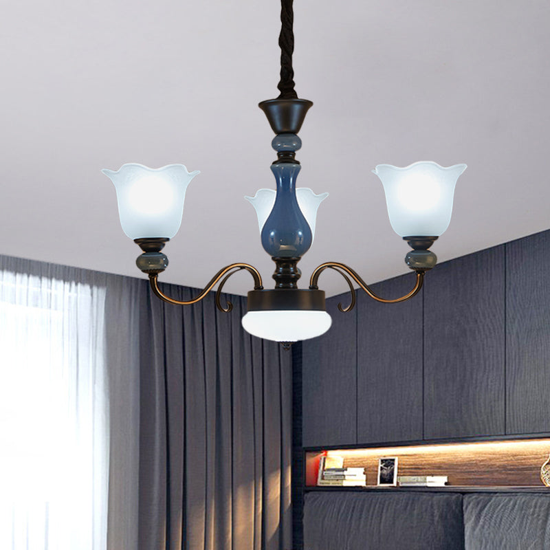 Blue Floral Shape Hanging Chandelier Countryside Milk Glass 3 Bulbs Dining Room Pendant Light Kit with Swirled Arm Clearhalo 'Ceiling Lights' 'Chandeliers' Lighting' options 1031737