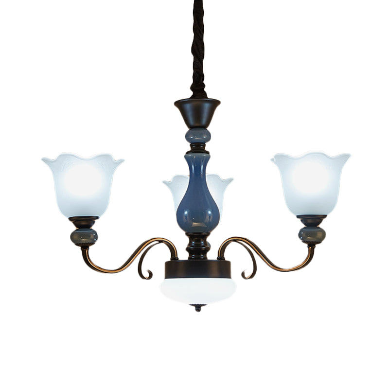 Blue Floral Shape Hanging Chandelier Countryside Milk Glass 3 Bulbs Dining Room Pendant Light Kit with Swirled Arm Clearhalo 'Ceiling Lights' 'Chandeliers' Lighting' options 1031738