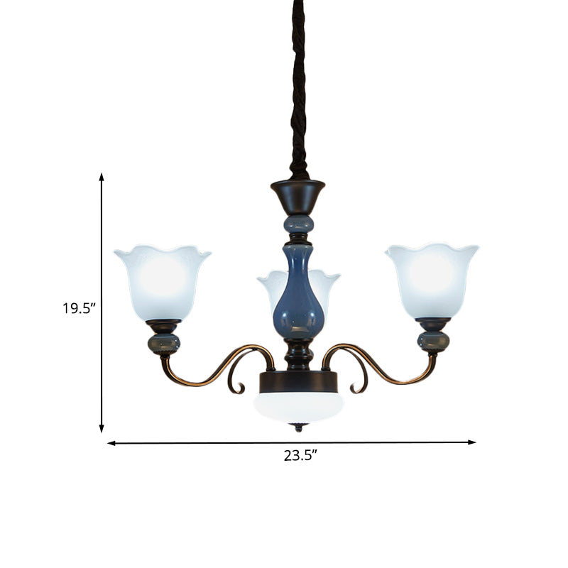 Blue Floral Shape Hanging Chandelier Countryside Milk Glass 3 Bulbs Dining Room Pendant Light Kit with Swirled Arm Clearhalo 'Ceiling Lights' 'Chandeliers' Lighting' options 1031739