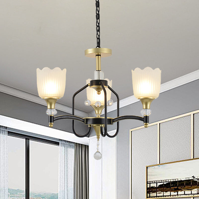 Opal Glass Scalloped Suspension Lighting Fixture Traditional 3/6-Head Bedroom Chandelier Light in Black and Gold 3 Black-Gold Clearhalo 'Ceiling Lights' 'Chandeliers' Lighting' options 1031740_a72ee797-3212-4065-96b7-4371effa96ff