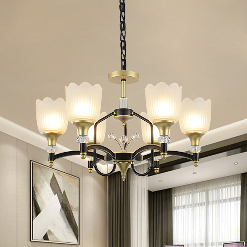 Opal Glass Scalloped Suspension Lighting Fixture Traditional 3/6-Head Bedroom Chandelier Light in Black and Gold 6 Black-Gold Clearhalo 'Ceiling Lights' 'Chandeliers' Lighting' options 1031744_fc33c4fc-03ff-4cd4-9287-d8e8db70157f